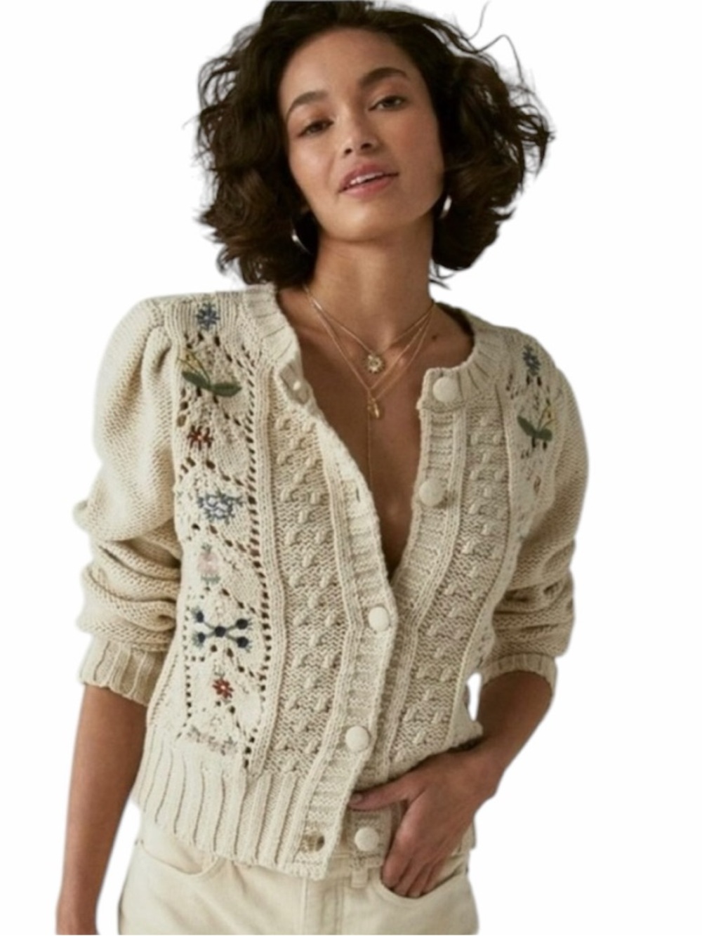 Lucky Brand Ivory Floral Embroidered Knit Cardigan Size M - Picture 5 of 12